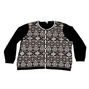 Talbots Womens Cardigan 3X Black White Nordic Snowflake Button Up Sweater Plus